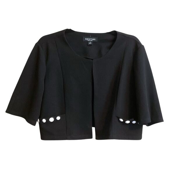 Perceptions Short Jacket Womens Black Open Size 14 Pockets White Buttons - Picture 1 of 9